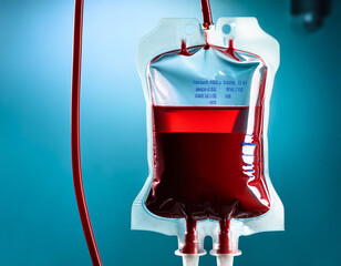 A blood donation bag fills with red liquid, connected to tubing, symbolizing the act of giving blood and the importance of blood transfusions in medicine.