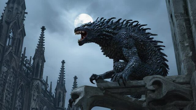 A gothic dragon perched on a stone building under a full moon, roaring with sharp teeth, fantasy creature scales and nighttime atmosphere