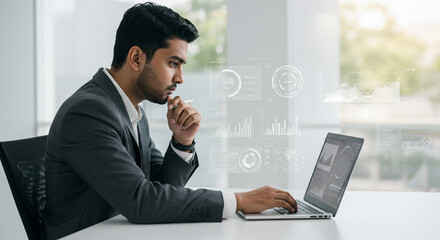 Focused businessman analyzing data on laptop modern office bright light clean design