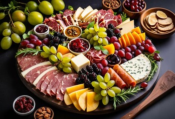 A wooden platter filled with different types of cheese and fruit.