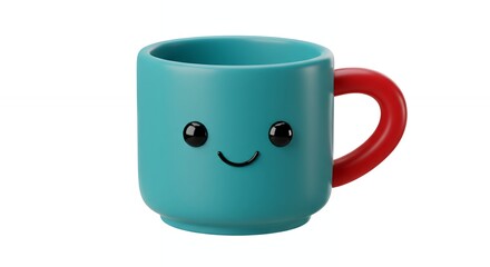 Smiling teal mug with red handle isolated on white background for commercial use