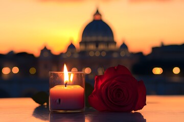 Vatican, burning candle and red rose late at night with St. Peter's Basilica in the background, the death of the pope pontiff, grief and pain of loss, pope died, conclave