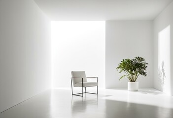 Fototapeta premium A white room with a chair and a plant in a pot.