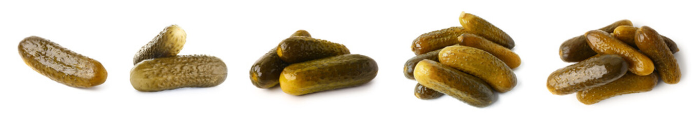Set of pickled cucumbers on white background