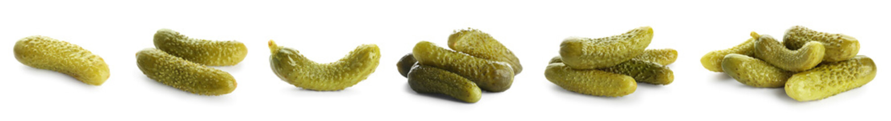 Set of pickled cucumbers on white background