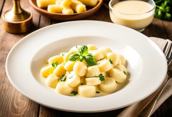 A white plate topped with gnocchi next to a bowl of sauce.