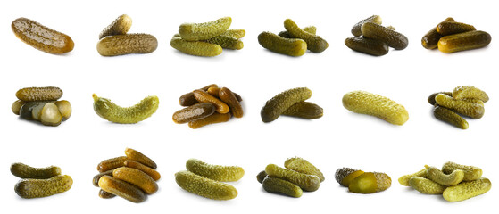 Set of many pickled cucumbers on white background