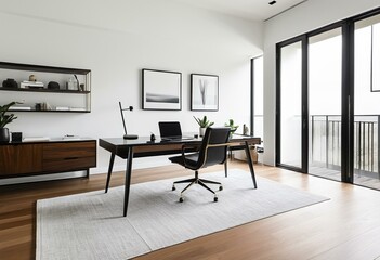 A white desk with a computer on top of it.