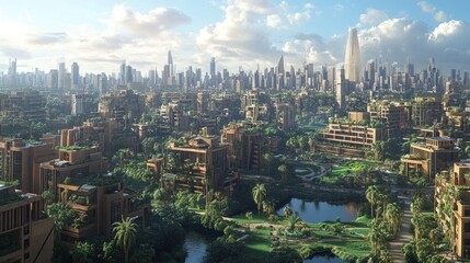 Obraz premium Sustainable city with lush greenery and modern architecture