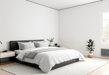 Obraz premium A white bedroom with a large bed and two nightstands.