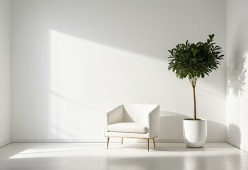 A white chair sitting next to a plant in a white room.