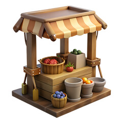 A merchant booth made of wood with a canvas top, filled with baskets and medieval items like fruits , medieval game 3d icon