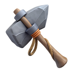 a primitive stone axe made from a sharp grey rock tied to a wooden stick with rough rope, medieval game 3d icon