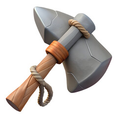 a primitive stone axe made from a sharp grey rock tied to a wooden stick with rough rope, medieval game 3d icon
