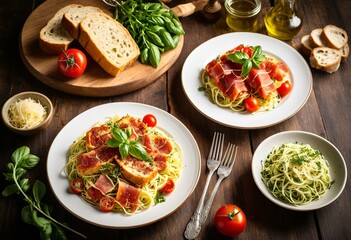 A plate of pasta with tuna and tomatoes on a wooden table.