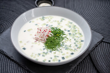 Okroshka, a traditional Russian cold soup featuring kefir or kvass, mixed with chopped cucumbers, potatoes, and herbs, garnished with radish and dill in a bowl