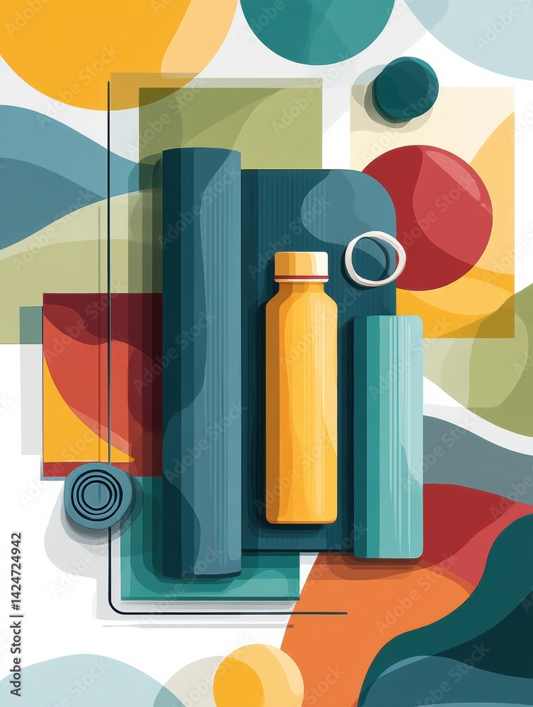Aufkleber fitness accessories arranged in a flat design showcasing a mat and bottle with abstract colorful for