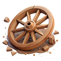 shattered wooden cartwheel, medieval game 3d icon