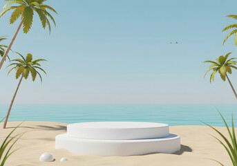 Summer Beach Podium Display Tropical Scene with Palm Trees, Sandy Shore, Ocean, Clear Sky for Product Presentation