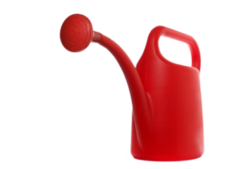 red watering can for gardening, isolated on white background