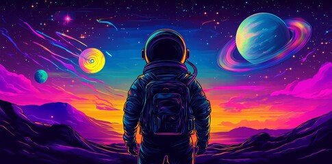 Vinyl records are scattered throughout a cosmic landscape inhabited by a surreal astronaut