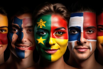 Faces painted with flags of different countries, representing unity and diversity in a global setting.
