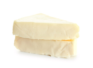 Triangles of tasty processed cheese on white background