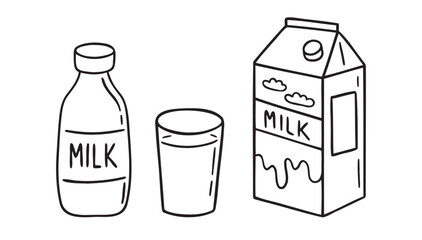 carton of milk, bottle of milk, glass of milk icon doodle hand drawn. Outline line drawing clipart symbol