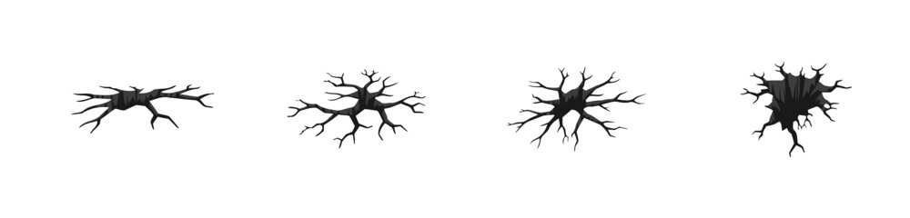 Surface cracks and fissures in the ground, concrete, and crevices from disaster, top view. Breaks on the land surface from the background.