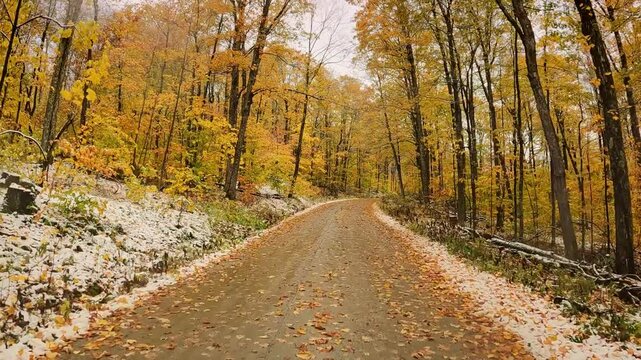 USA, New England, Vermont, 4x4 driving along old CCC (Civilian Conservation Corps) dirt road, running between North Shrewsbury and Route 100. Trees in late fall colors line the snowy road.