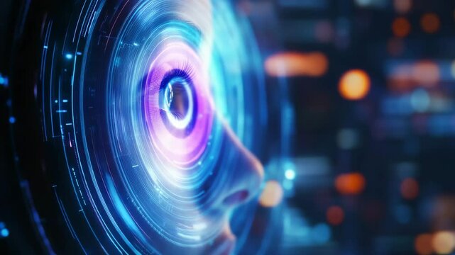 Futuristic hologram spinning in front of woman's eye for visual analysis