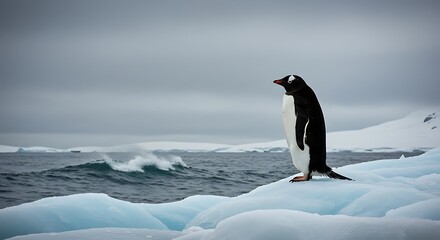Obraz premium A Gentoo penguin stands on a block of ice, gazing at the ocean in the Antarctic