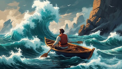 A brave journey through stormy seas in a magic boat