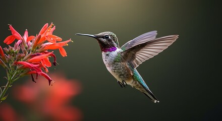 Fototapeta premium A hummingbird gracefully hovers near a vibrant red flower, seeking nectar in its natural habitat.