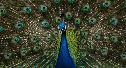 Obraz premium Magnificent peacock showcases its vibrant, iridescent plumage in a stunning display of beauty.