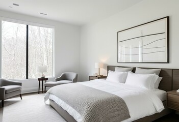 A bedroom with a large bed and a white rug.