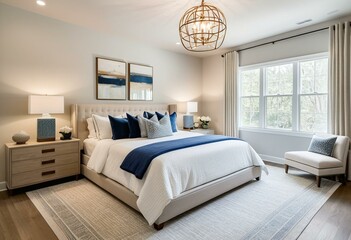A bedroom with a large bed and a chair in it.