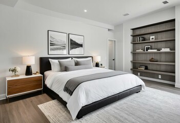 A bedroom with a large bed and a book shelf.