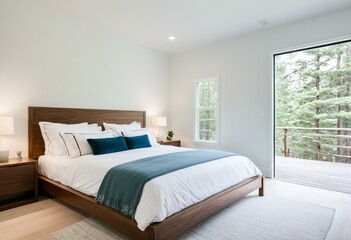 A bedroom with a bed, nightstands and a window.