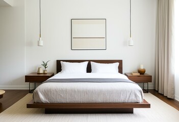 A bedroom with a bed, nightstand and lamp.