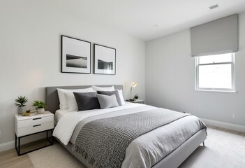 Fototapeta premium A bedroom with a bed, dresser and television in it.