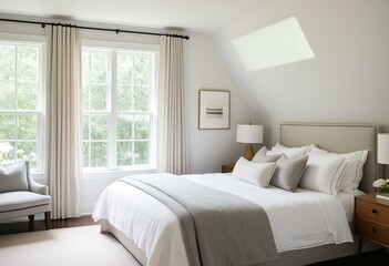 A bedroom with a bed and a chair in it.