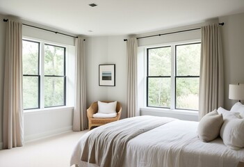 Fototapeta premium A bedroom with a bed and a chair in it.