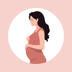 A side profile of a pregnant woman, future mom, holding her belly with care. Ideal for motherhood and pregnancy themes. Vector illustration in cute cartoon style isolated on a background.