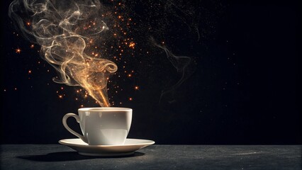 "A white ceramic cup sits alone in the darkness, glowing from within as fiery embers swirl inside it. Wisps of mystical steam rise and dance above, forming ethereal shapes in the air, all set against 