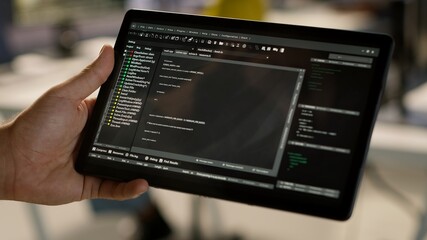 Software engineer using tablet to design algorithms that enable machines to learn from data. Close...