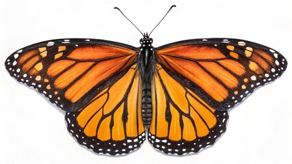 Obraz premium “Macro shot of a Monarch butterfly with vibrant orange and black patterned wings, symmetrical composition, white spots on the edges, delicate antennae visible, isolated on white background, ultra high