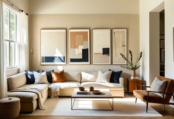 A living room filled with furniture and a large window.