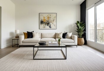 A living room filled with furniture and a large window.