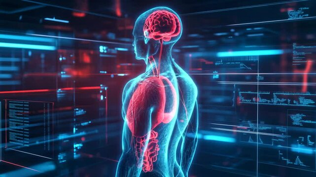 Rotating hologram of human body highlighting brain, lungs and heart